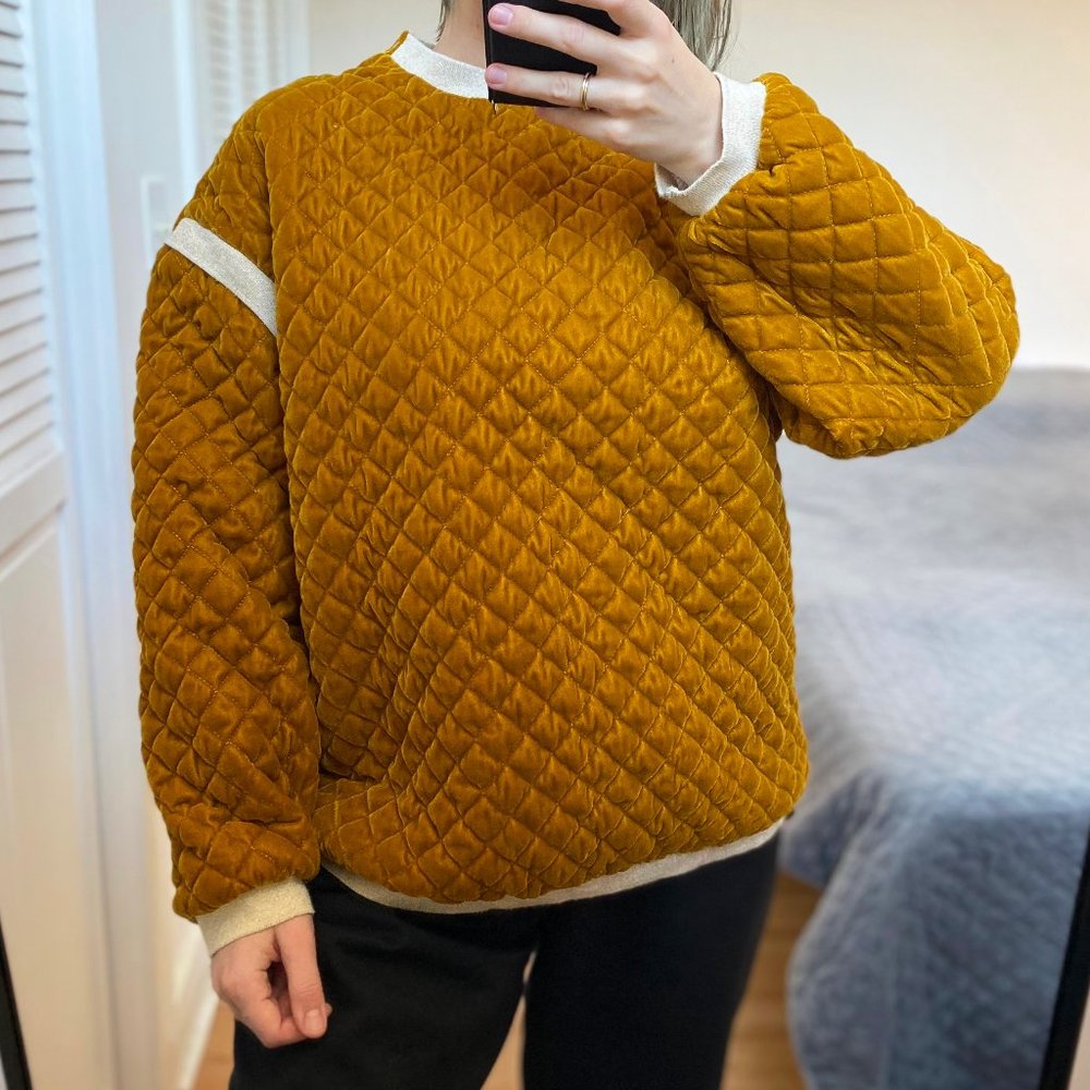 Mustard yellow velvet sweater, fluffy warm quilted velvet crewneck sweatshirt